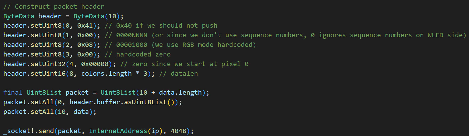 The Flutter code I made for the UDP packet header
